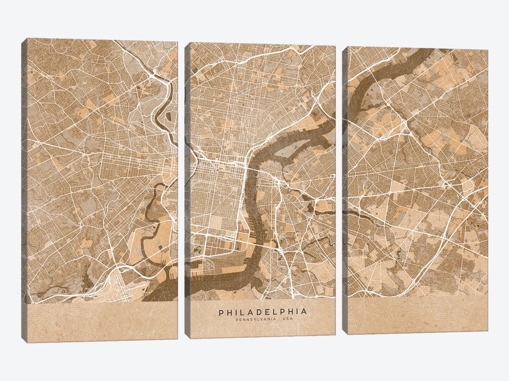 Map Of Philadelphia (Pa, USA) In Sepia Vintage Style by blursbyai 3-piece Canvas Art Print