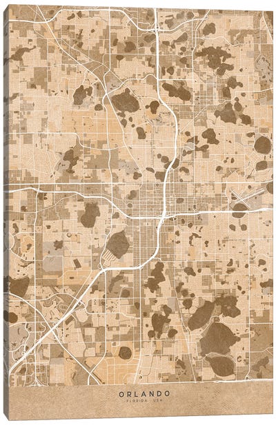 Map Of Orlando (Florida, USA) In Sepia Vintage Style Canvas Art Print - Vintage Maps
