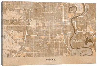 Map Of Omaha (Ne, USA) In Sepia Vintage Style Canvas Art Print - Vintage Maps