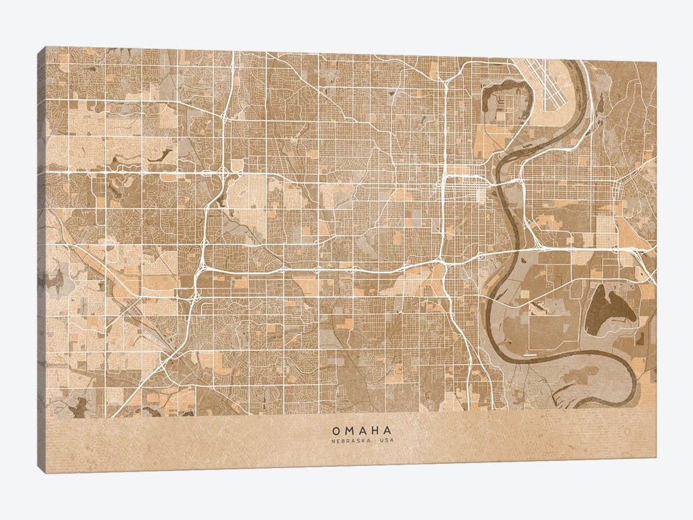 Map Of Omaha (Ne, USA) In Sepia Vintage Style by blursbyai 1-piece Canvas Wall Art