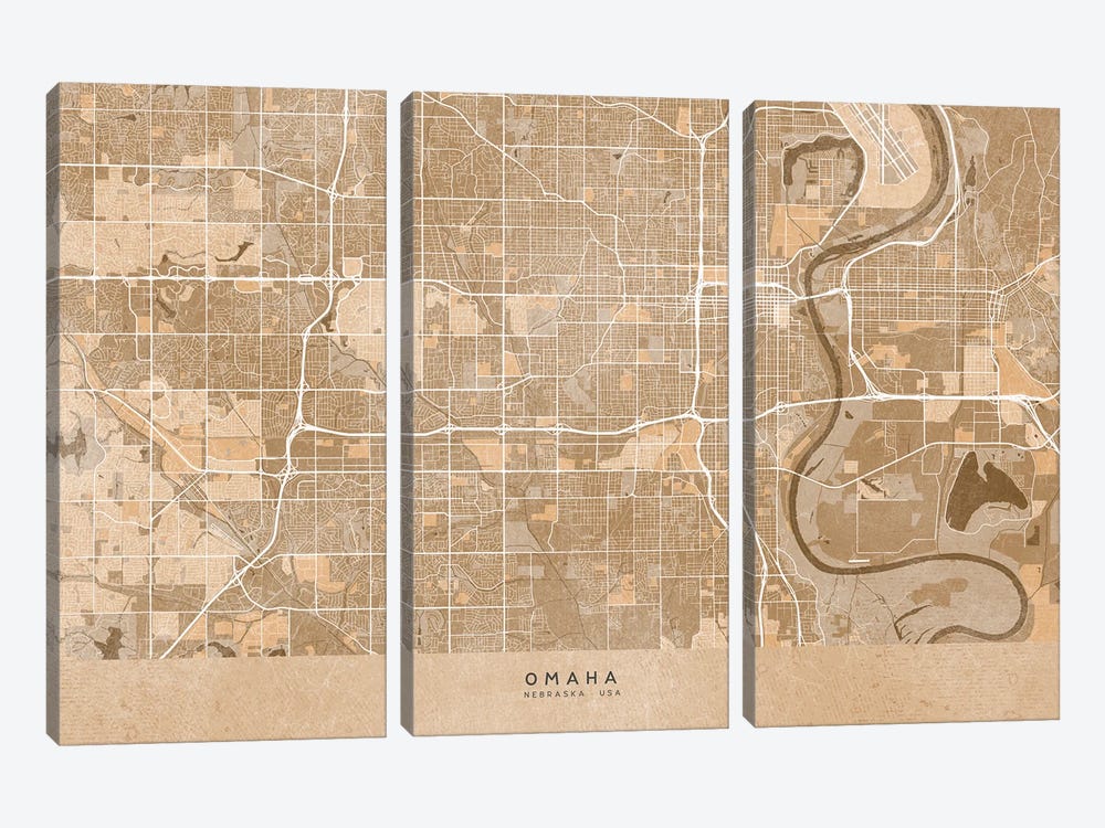 Map Of Omaha (Ne, USA) In Sepia Vintage Style by blursbyai 3-piece Canvas Wall Art