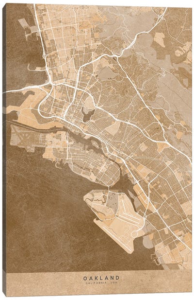 Map Of Oakland (Ca, USA) In Sepia Vintage Style Canvas Art Print - blursbyai