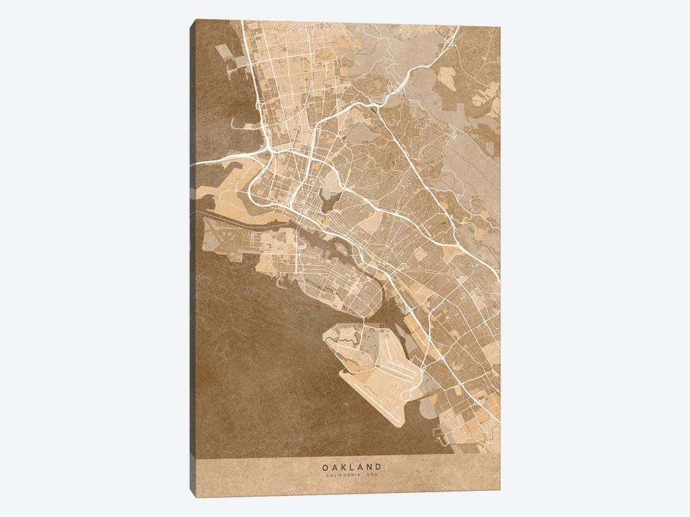 Map Of Oakland (Ca, USA) In Sepia Vintage Style by blursbyai 1-piece Canvas Wall Art