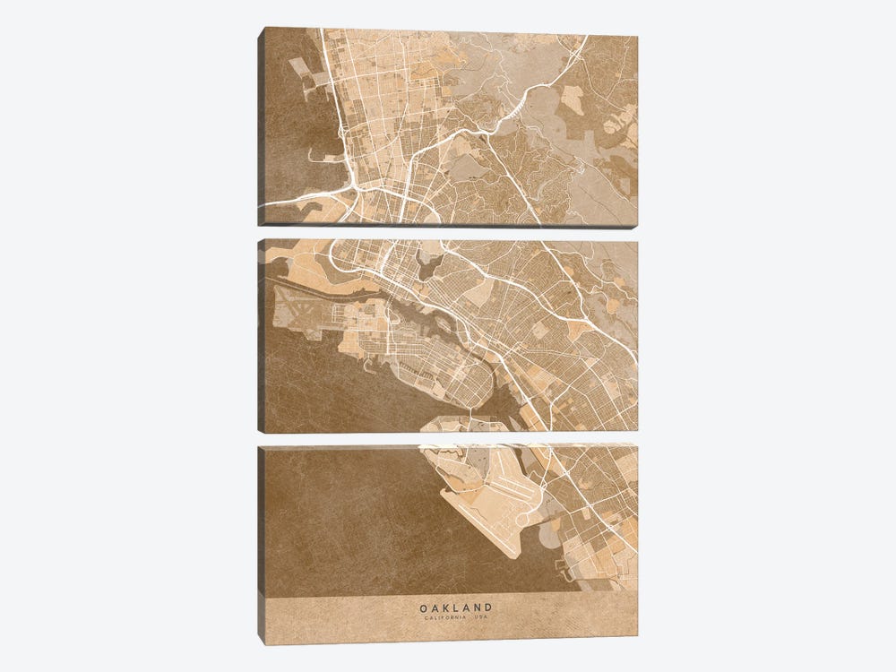 Map Of Oakland (Ca, USA) In Sepia Vintage Style by blursbyai 3-piece Canvas Artwork