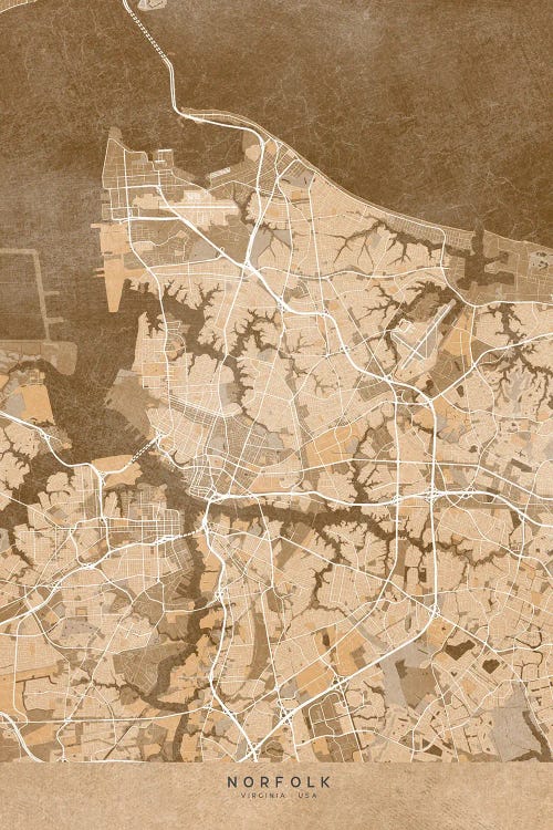 Map Of Norfolk (Va, USA) In Sepia Vintage Style