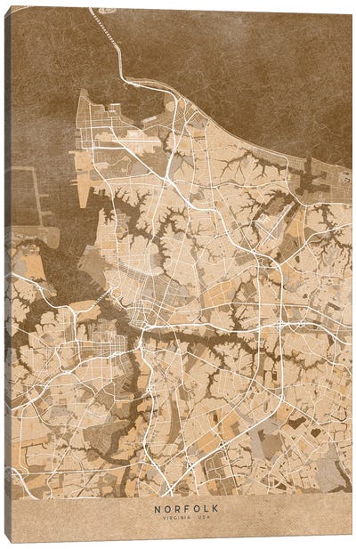 Map Of Norfolk (Va, USA) In Sepia Vintage Style Canvas Art Print - Virginia Art