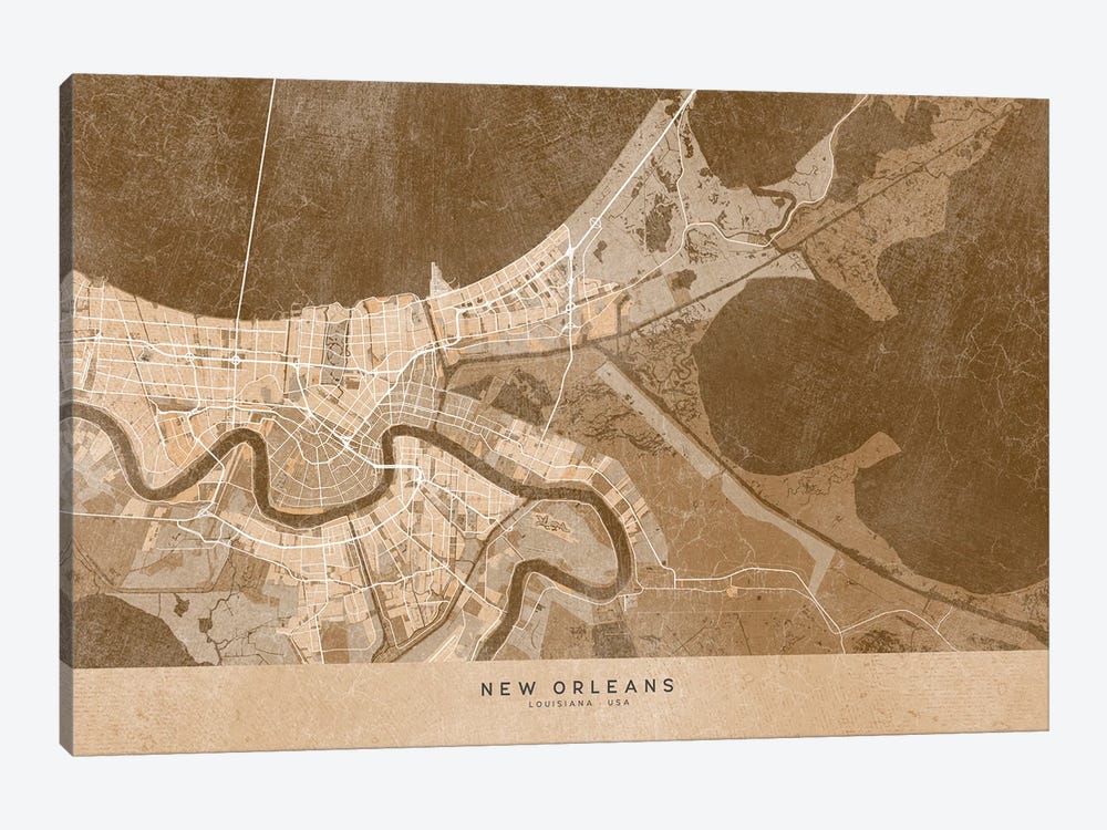 Map Of New Orleans (La, USA) In Sepia Vintage Style by blursbyai 1-piece Canvas Wall Art