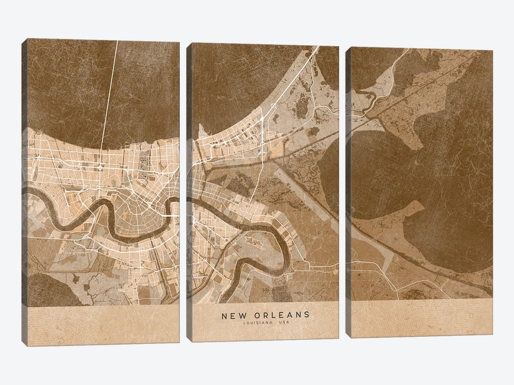 Map Of New Orleans (La, USA) In Sepia Vintage Style by blursbyai 3-piece Canvas Art