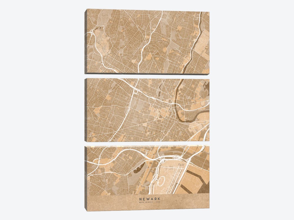 Map Of Newark (Nj, USA) In Sepia Vintage Style by blursbyai 3-piece Canvas Art Print