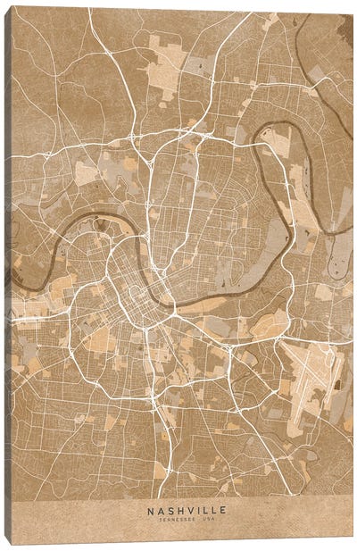 Map Of Nashville (Tn, USA) In Sepia Vintage Style Canvas Art Print - Nashville Maps