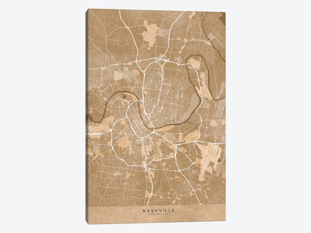 Map Of Nashville (Tn, USA) In Sepia Vintage Style by blursbyai 1-piece Canvas Artwork