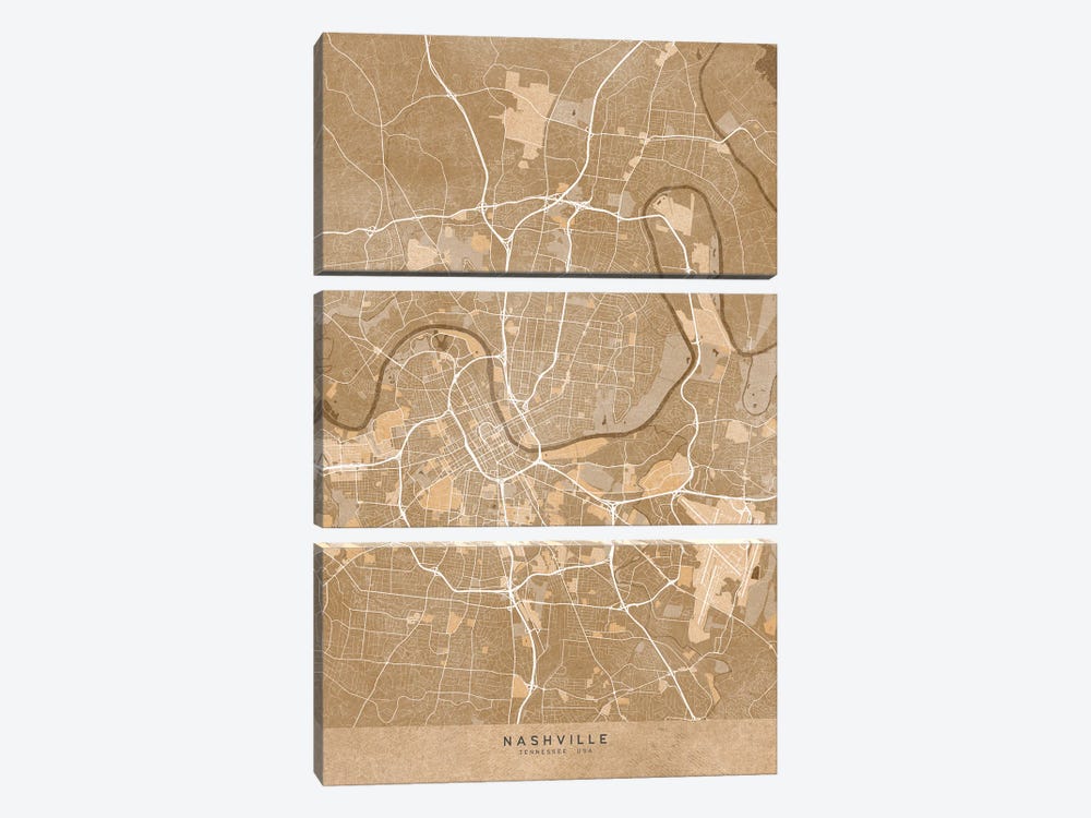 Map Of Nashville (Tn, USA) In Sepia Vintage Style by blursbyai 3-piece Canvas Artwork