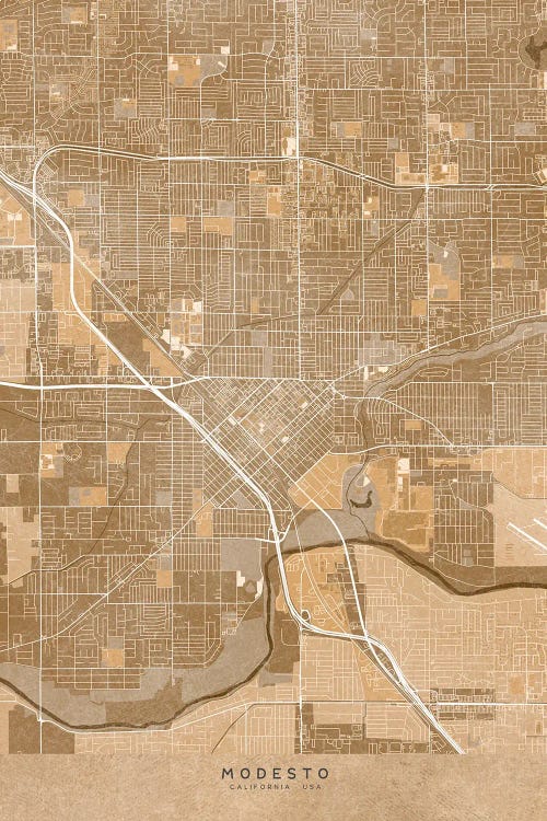 Map Of Modesto (Ca USA) In Sepia Vintage Style