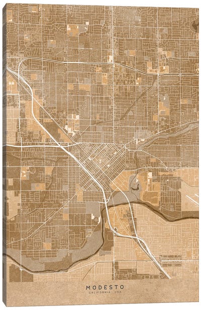Map Of Modesto (Ca USA) In Sepia Vintage Style Canvas Art Print - blursbyai