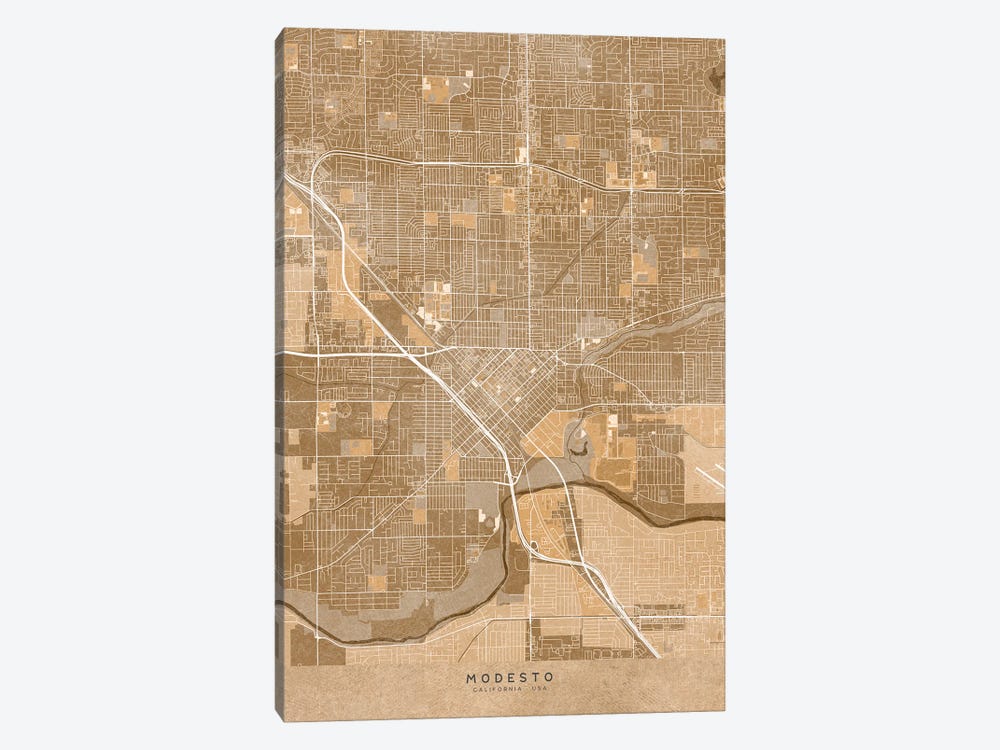 Map Of Modesto (Ca USA) In Sepia Vintage Style by blursbyai 1-piece Canvas Print