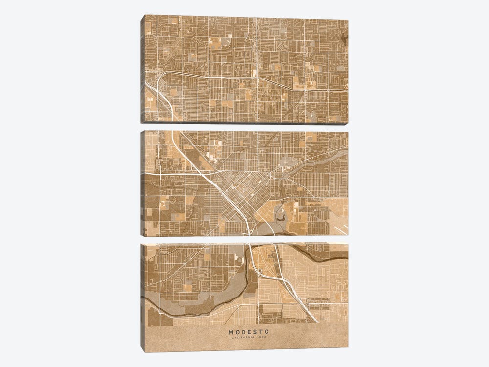 Map Of Modesto (Ca USA) In Sepia Vintage Style by blursbyai 3-piece Art Print