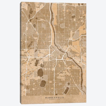Map Of Minneapolis (Mn USA) In Sepia Vintage Style Canvas Print #RLZ699} by blursbyai Canvas Artwork