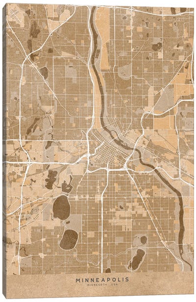 Map Of Minneapolis (Mn USA) In Sepia Vintage Style Canvas Art Print - Minnesota Art