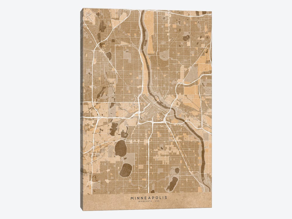 Map Of Minneapolis (Mn USA) In Sepia Vintage Style by blursbyai 1-piece Canvas Wall Art