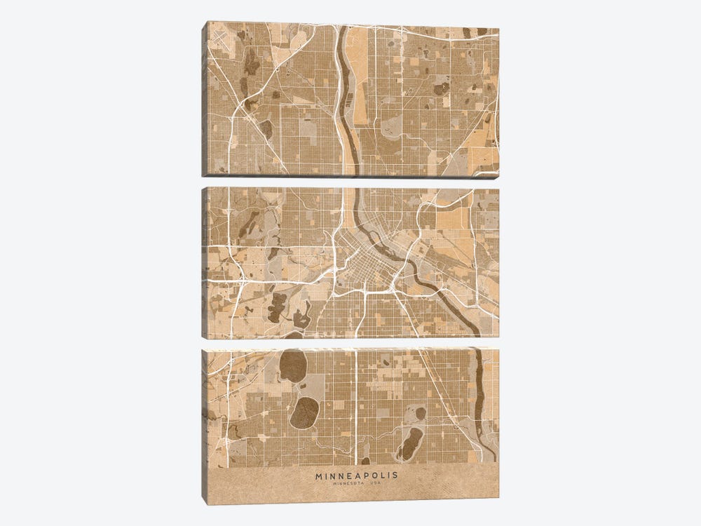 Map Of Minneapolis (Mn USA) In Sepia Vintage Style by blursbyai 3-piece Canvas Wall Art
