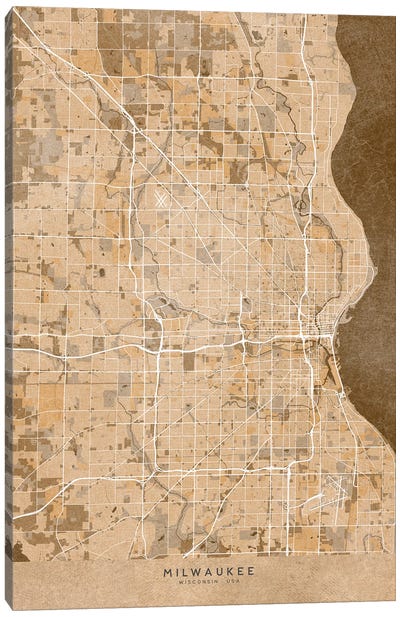 Map Of Milwaukee (Wi, USA) In Sepia Vintage Style Canvas Art Print - blursbyai