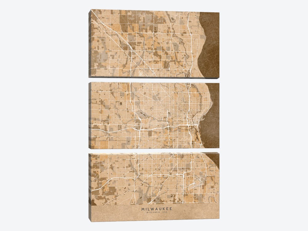 Map Of Milwaukee (Wi, USA) In Sepia Vintage Style by blursbyai 3-piece Art Print