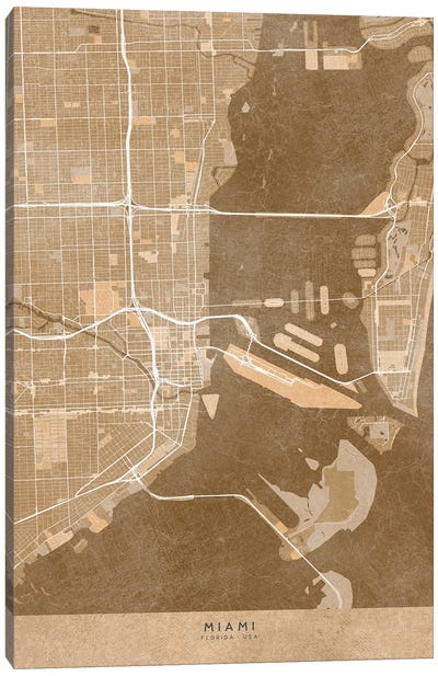 Map Of Miami (Fl, USA) In Sepia Vintage Style Canvas Art Print - blursbyai