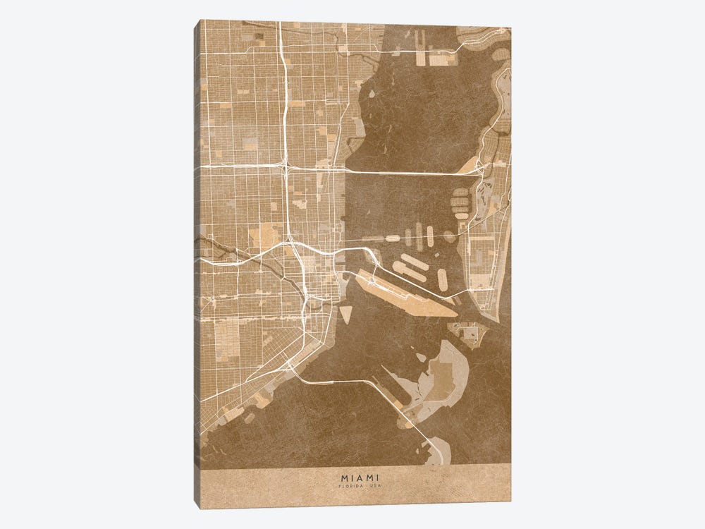 Map Of Miami (Fl, USA) In Sepia Vintage Style by blursbyai 1-piece Canvas Artwork