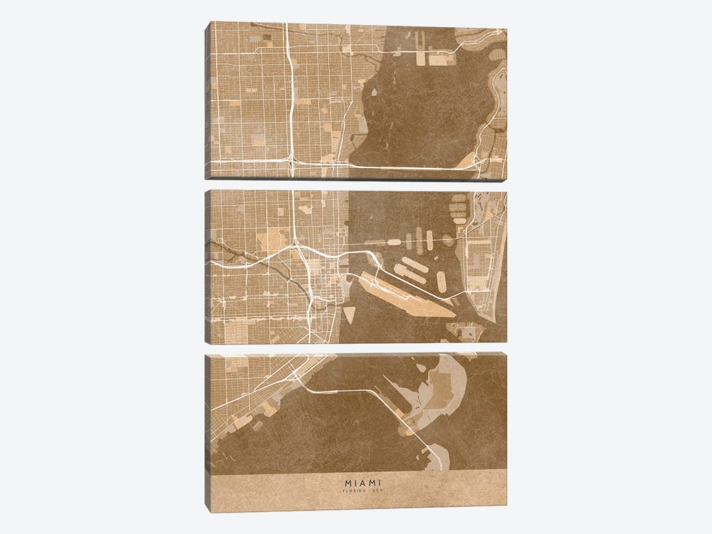 Map Of Miami (Fl, USA) In Sepia Vintage Style by blursbyai 3-piece Canvas Artwork