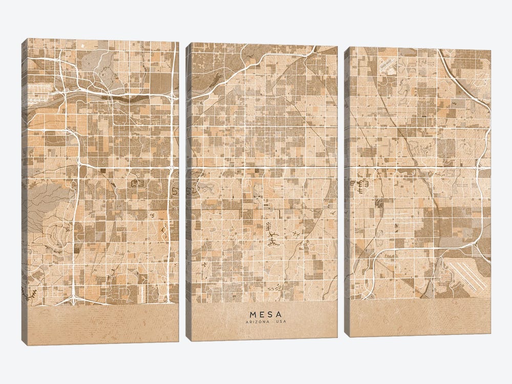 Map Of Mesa (Az, USA) In Sepia Vintage Style by blursbyai 3-piece Canvas Print