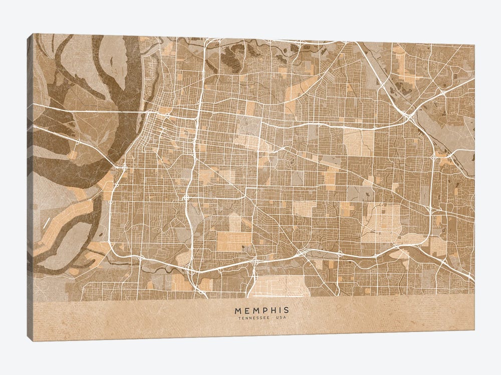 Map Of Memphis (Tn, USA) In Sepia Vintage Style by blursbyai 1-piece Canvas Artwork