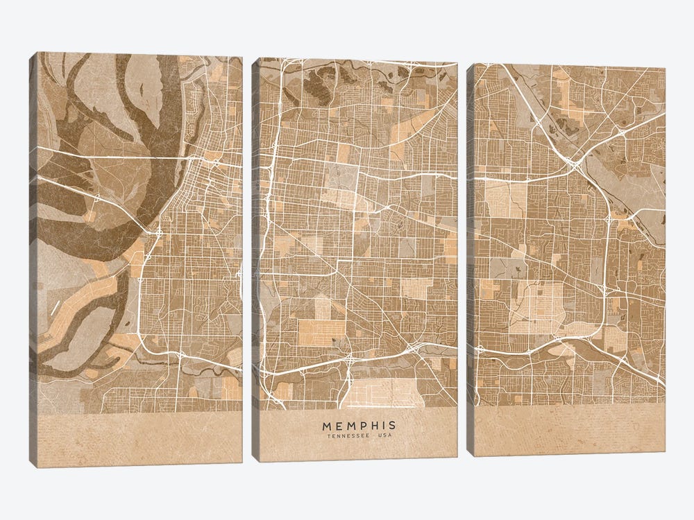 Map Of Memphis (Tn, USA) In Sepia Vintage Style by blursbyai 3-piece Canvas Wall Art
