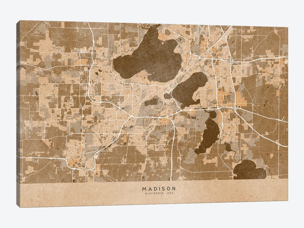 Map Of Madison (Wi, USA) In Sepia Vintage Style by blursbyai 1-piece Canvas Art Print