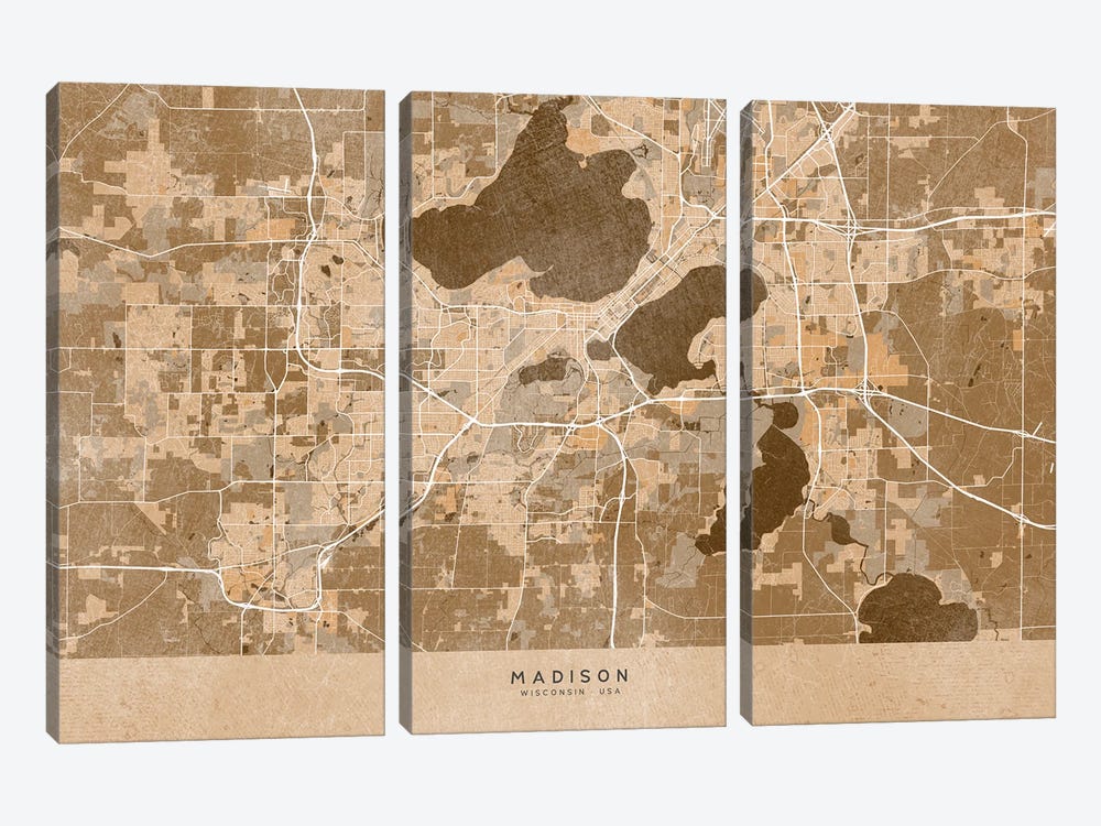 Map Of Madison (Wi, USA) In Sepia Vintage Style by blursbyai 3-piece Canvas Print