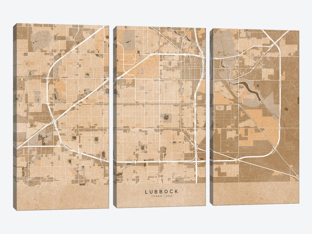 Map Of Lubbock (Tx, USA) In Sepia Vintage Style by blursbyai 3-piece Canvas Art
