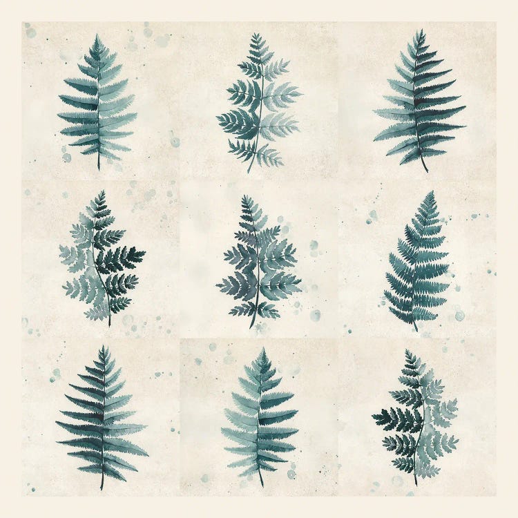 Nine Teal Watercolor Ferns Collage