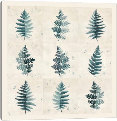 Nine Teal Watercolor Ferns Collage Canvas Art Print - blursbyai