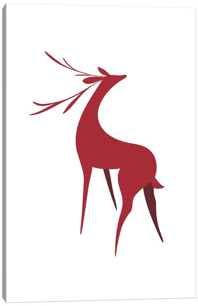 Stylized Retro Deer In Red Canvas Art Print - Reindeer Art