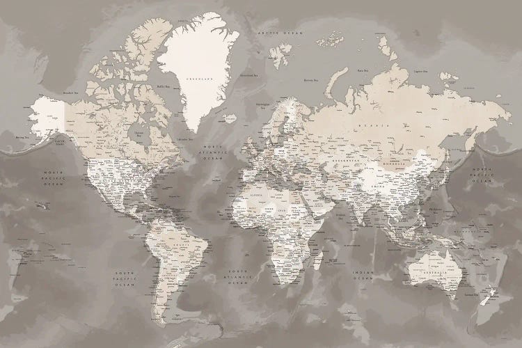 Brown Detailed World Map With Cities, Davey