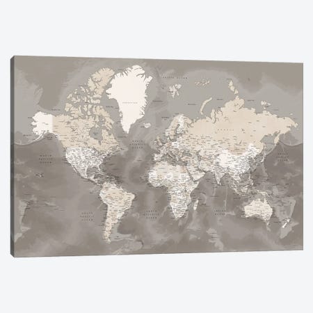Brown Detailed World Map With Cities, Davey Canvas Print #RLZ73} by blursbyai Canvas Artwork