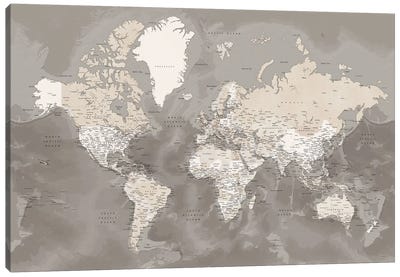 Brown Detailed World Map With Cities, Davey Canvas Art Print - Large Map Art