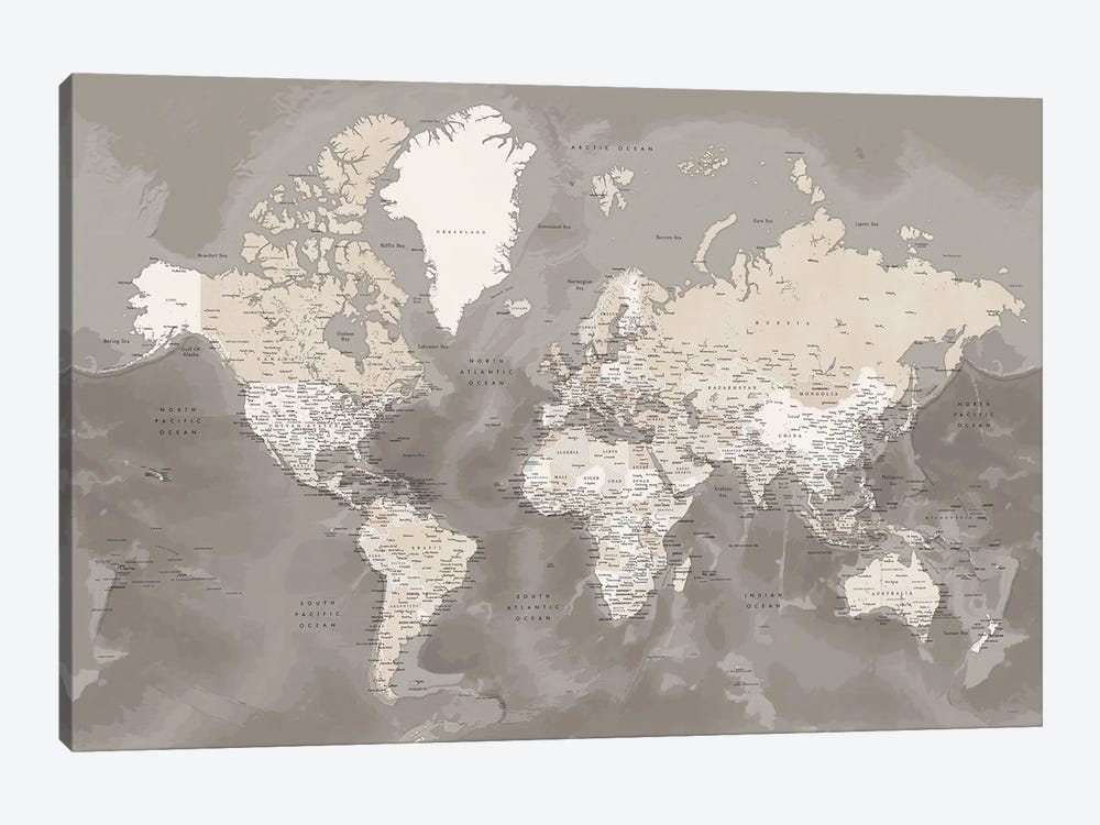 Brown Detailed World Map With Cities, Davey by blursbyai 1-piece Canvas Print