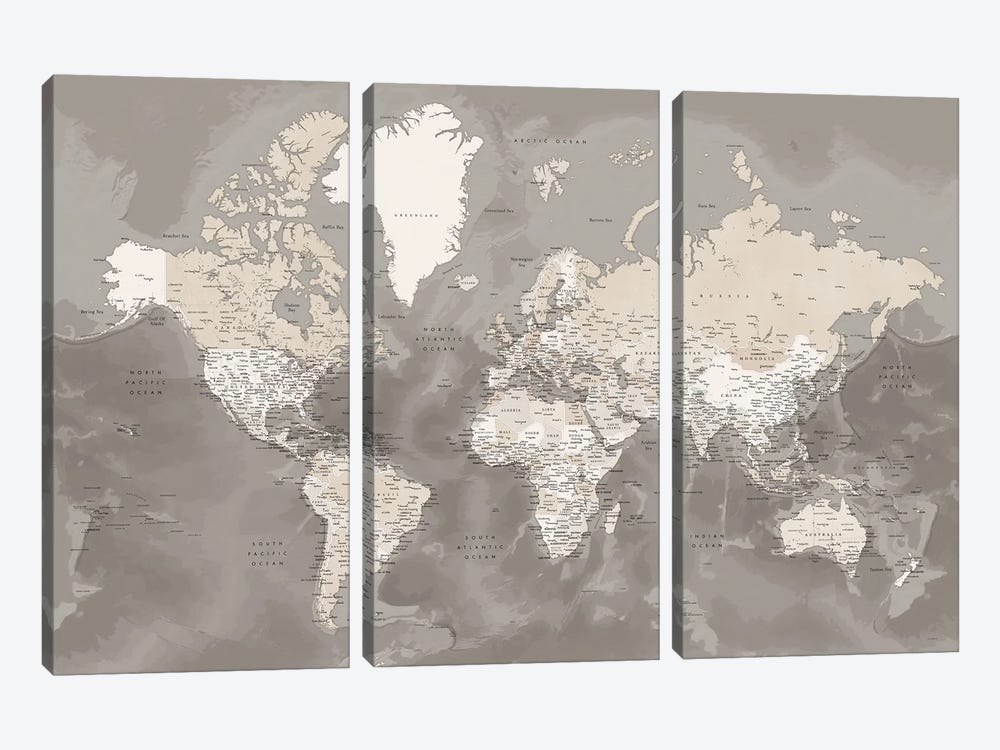 Brown Detailed World Map With Cities, Davey by blursbyai 3-piece Canvas Art Print