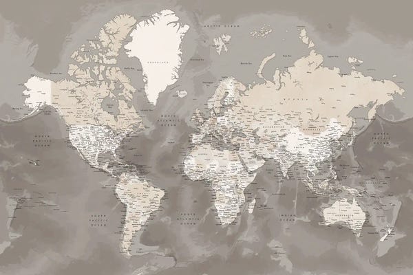 Maps: Brown Detailed World Map With Cities, Davey by blursbyai