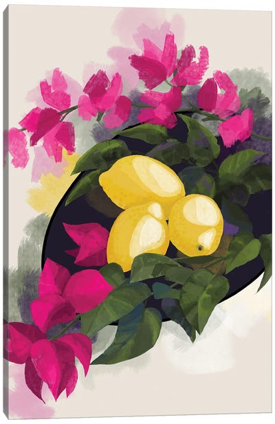 Bougainvillea And Lemons Canvas Art Print - Lemon & Lime Art