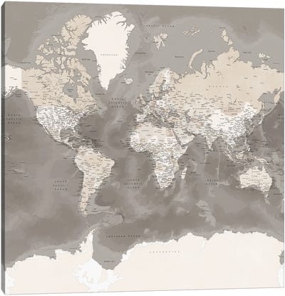 Detailed Brown World Map With Antarctica, Davey Canvas Art Print - World Map Art