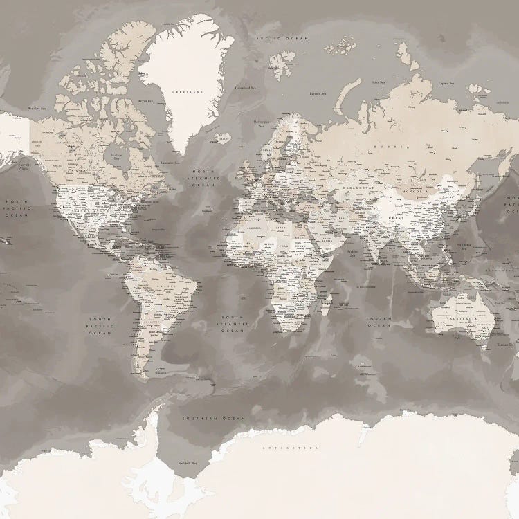 Detailed Brown World Map With Antarctica, Davey