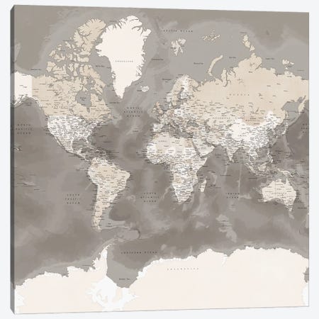 Detailed Brown World Map With Antarctica, Davey Canvas Print #RLZ74} by blursbyai Art Print
