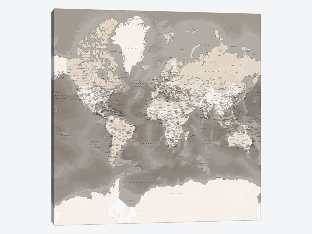 Detailed Brown World Map With Antarctica, Davey by blursbyai 1-piece Canvas Wall Art