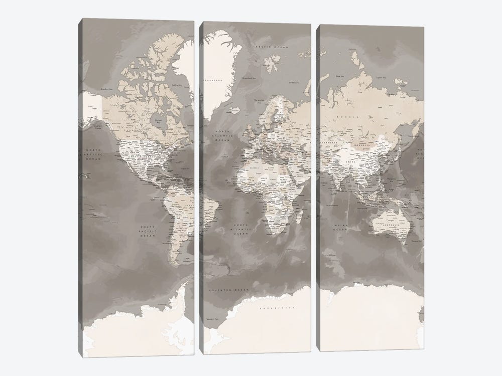 Detailed Brown World Map With Antarctica, Davey by blursbyai 3-piece Canvas Art